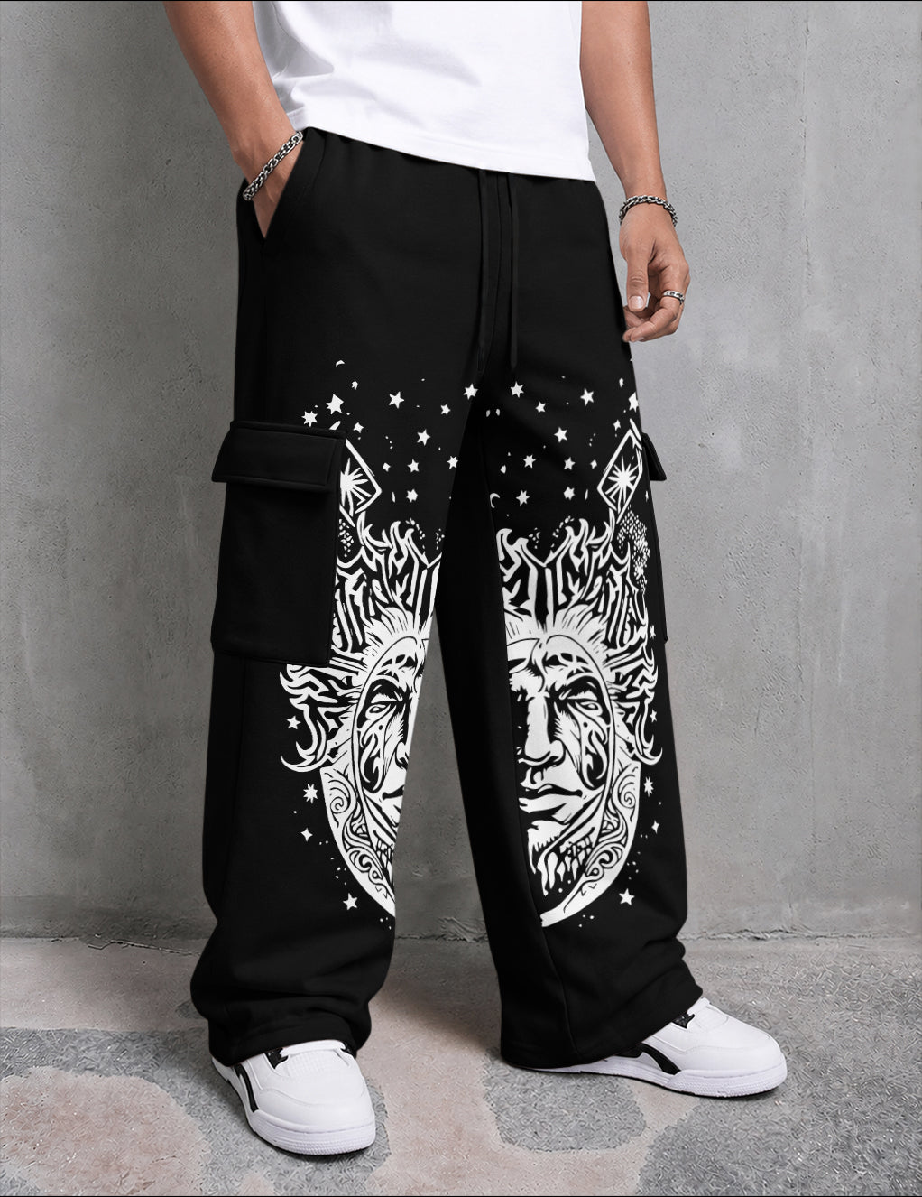 Mens Printed Baggy Cargo Black