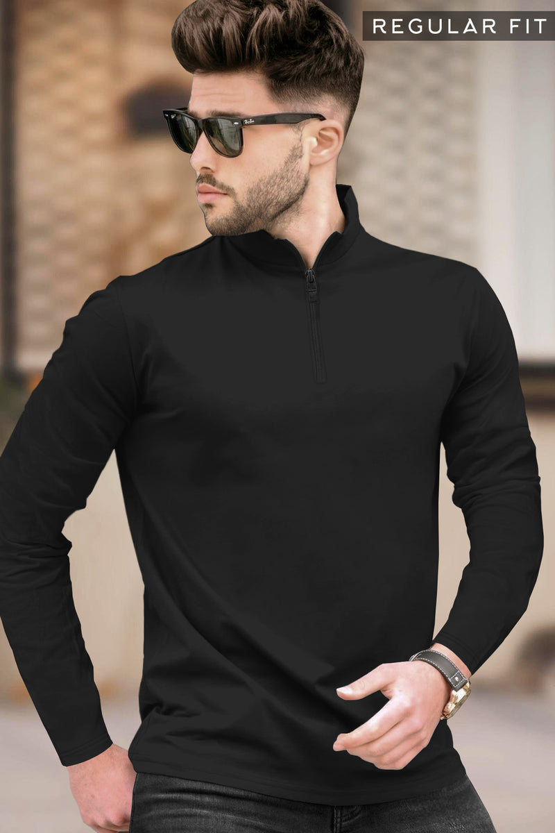 Men High Neck Zipper Full Sleeve T-Shirt / Black