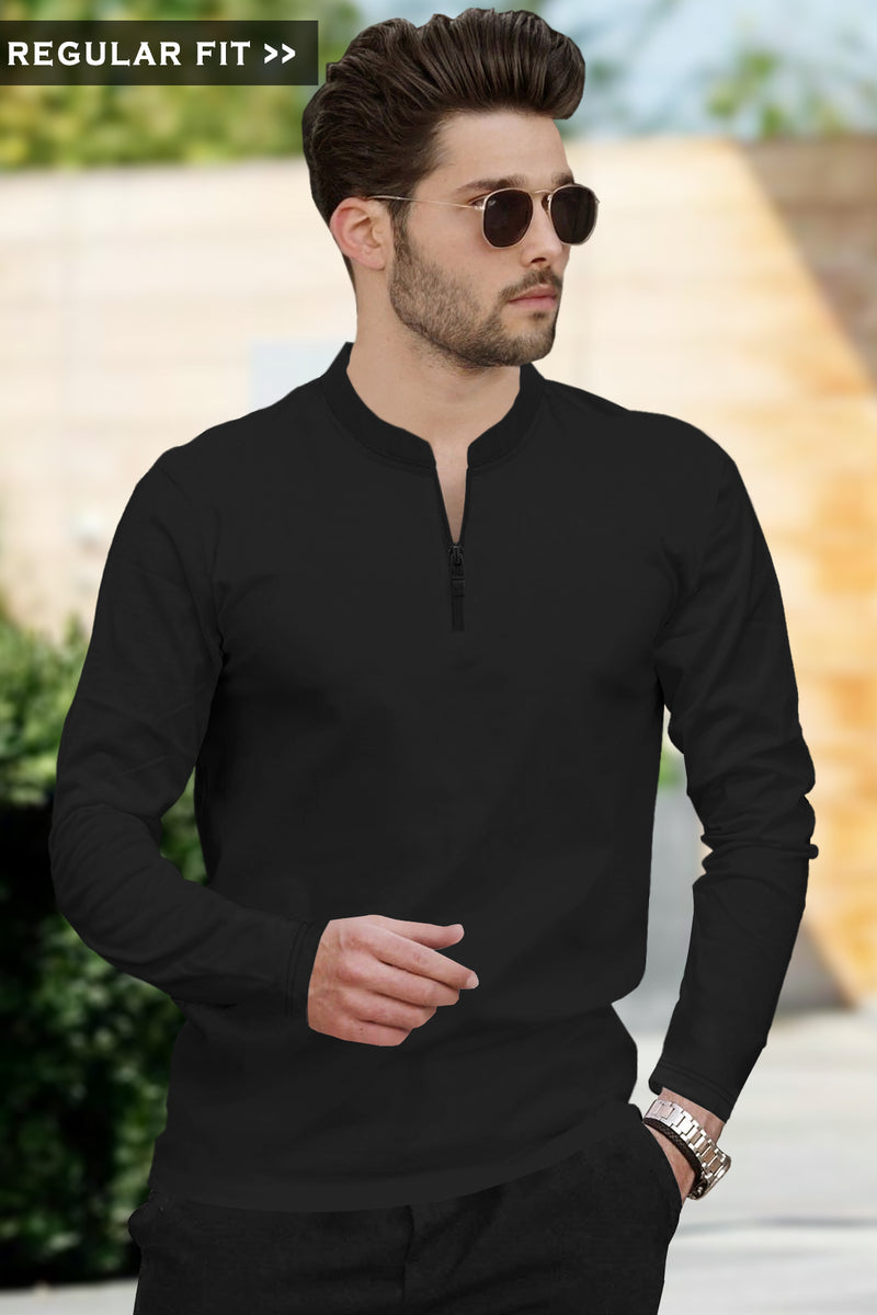 Men Full Sleeve Solid Zip Neck T-Shirt | Black