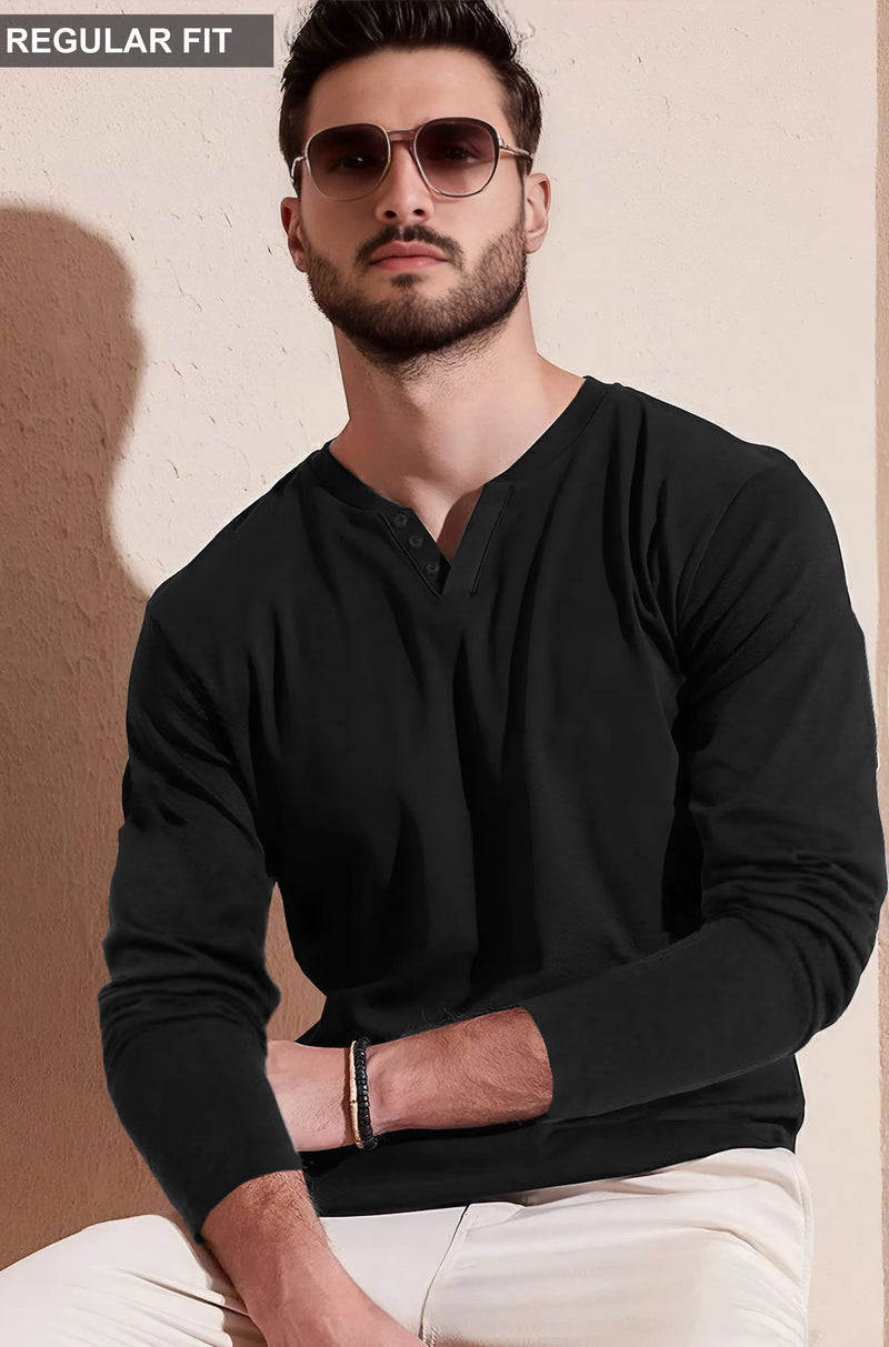 Men Solid V Neck Cotton Blend T-Shirt / Black