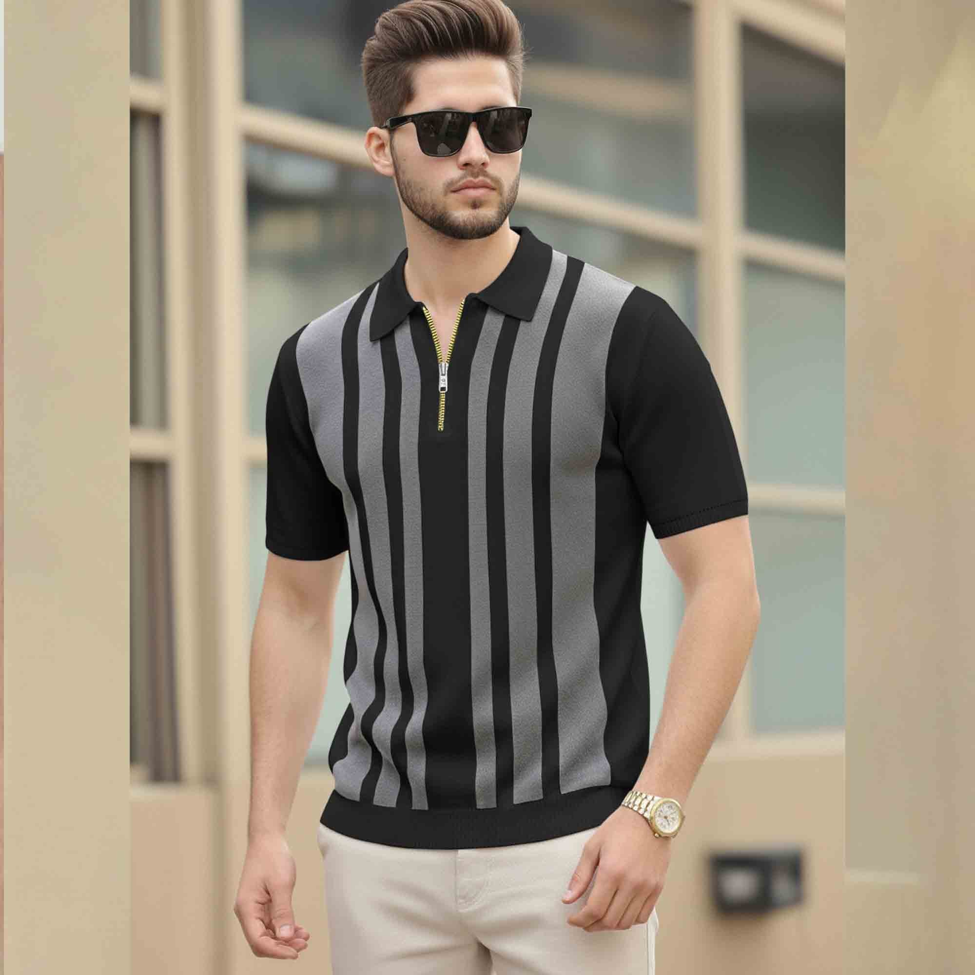 Men Quarter Zip Polo Neck Vertical Striped Half Sleeve T-shirt Black