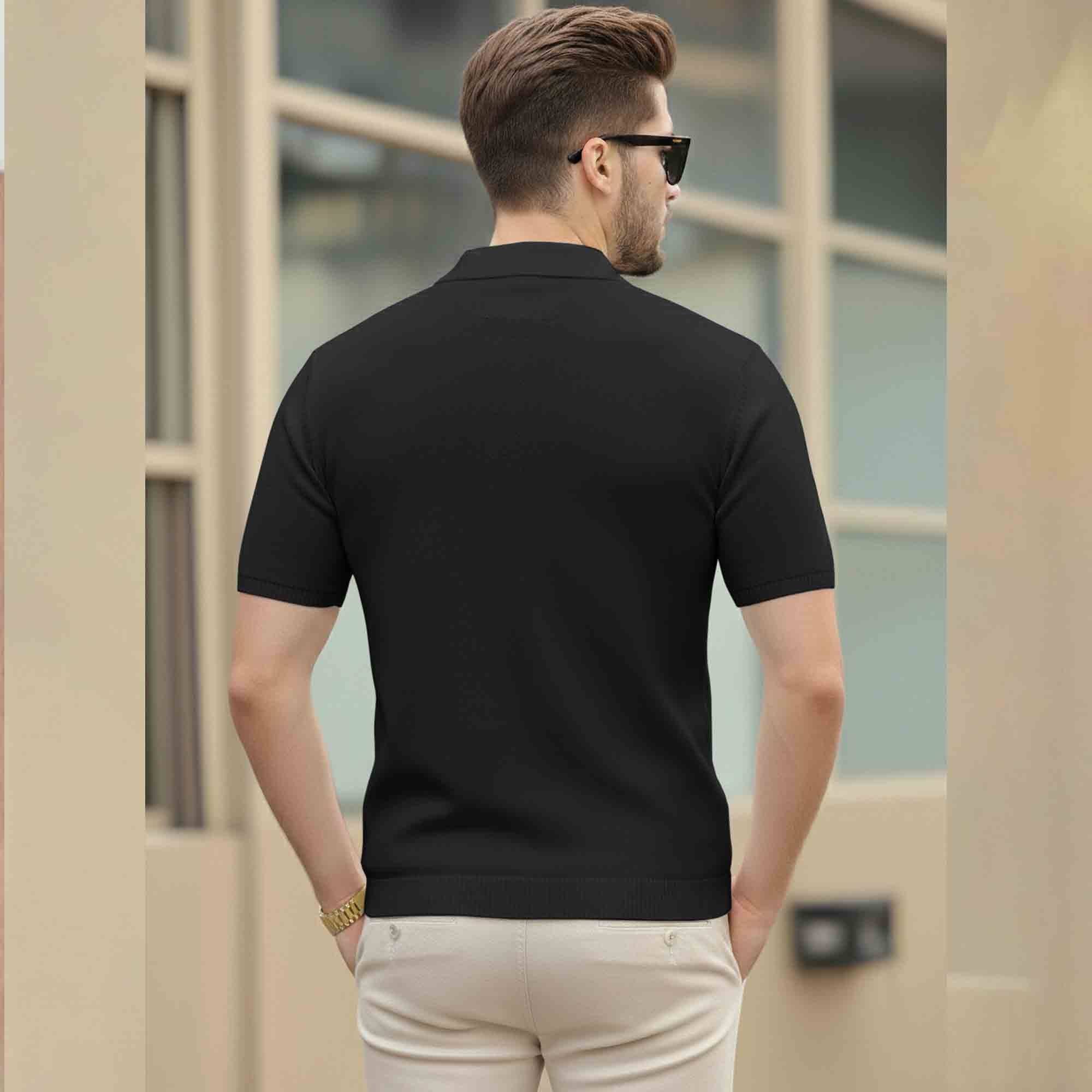 Men Quarter Zip Polo Neck Vertical Striped Half Sleeve T-shirt Black