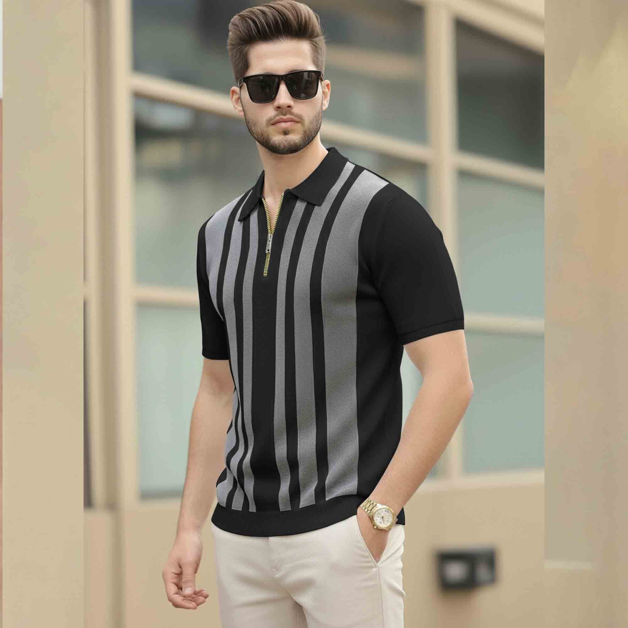 Men Quarter Zip Polo Neck Vertical Striped Half Sleeve T-shirt Black