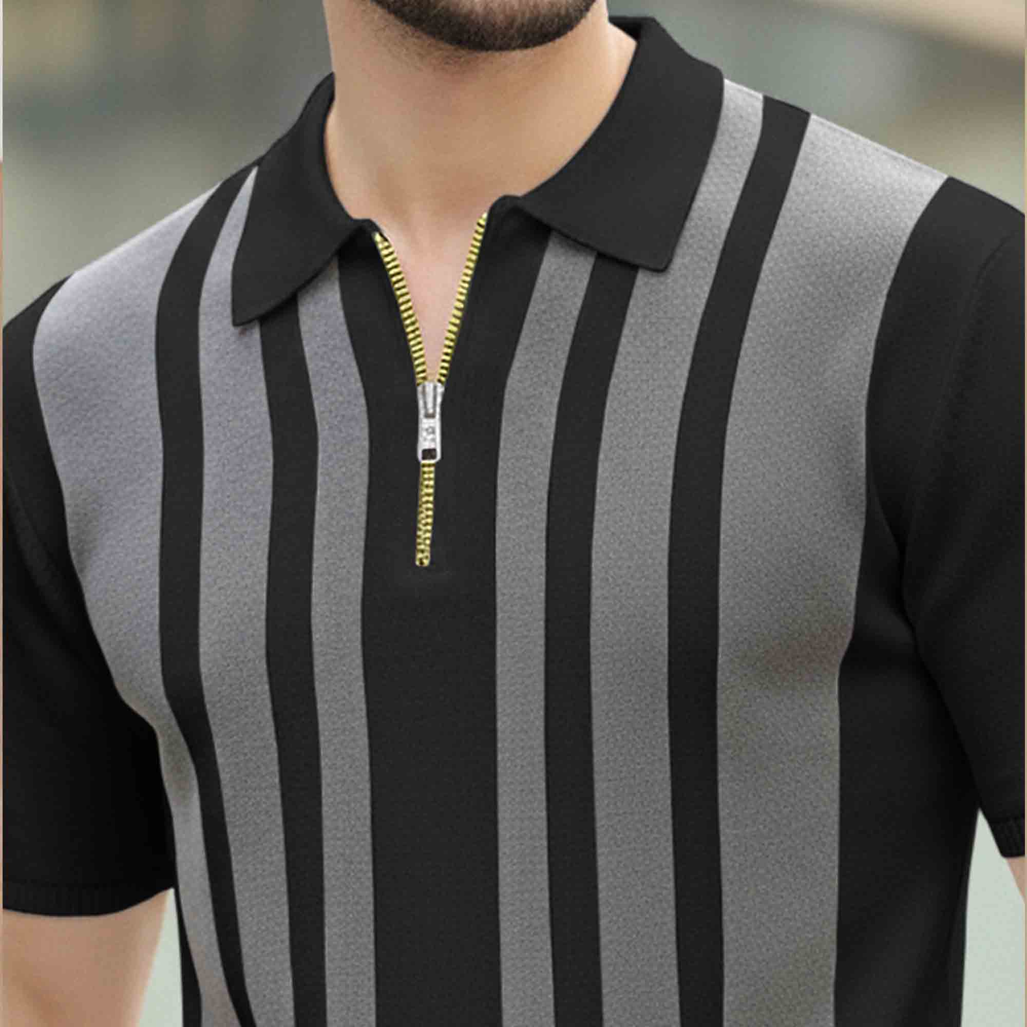 Men Quarter Zip Polo Neck Vertical Striped Half Sleeve T-shirt Black