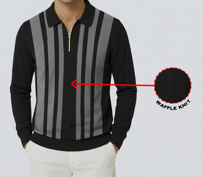 Men Quarter Zip Polo Neck Vertical Striped Full Sleeve T-shirt Black