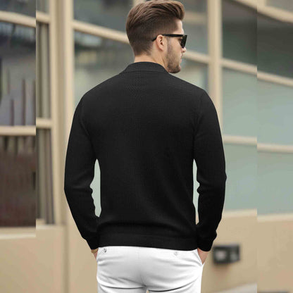 Men Quarter Zip Polo Neck Vertical Striped Full Sleeve T-shirt Black