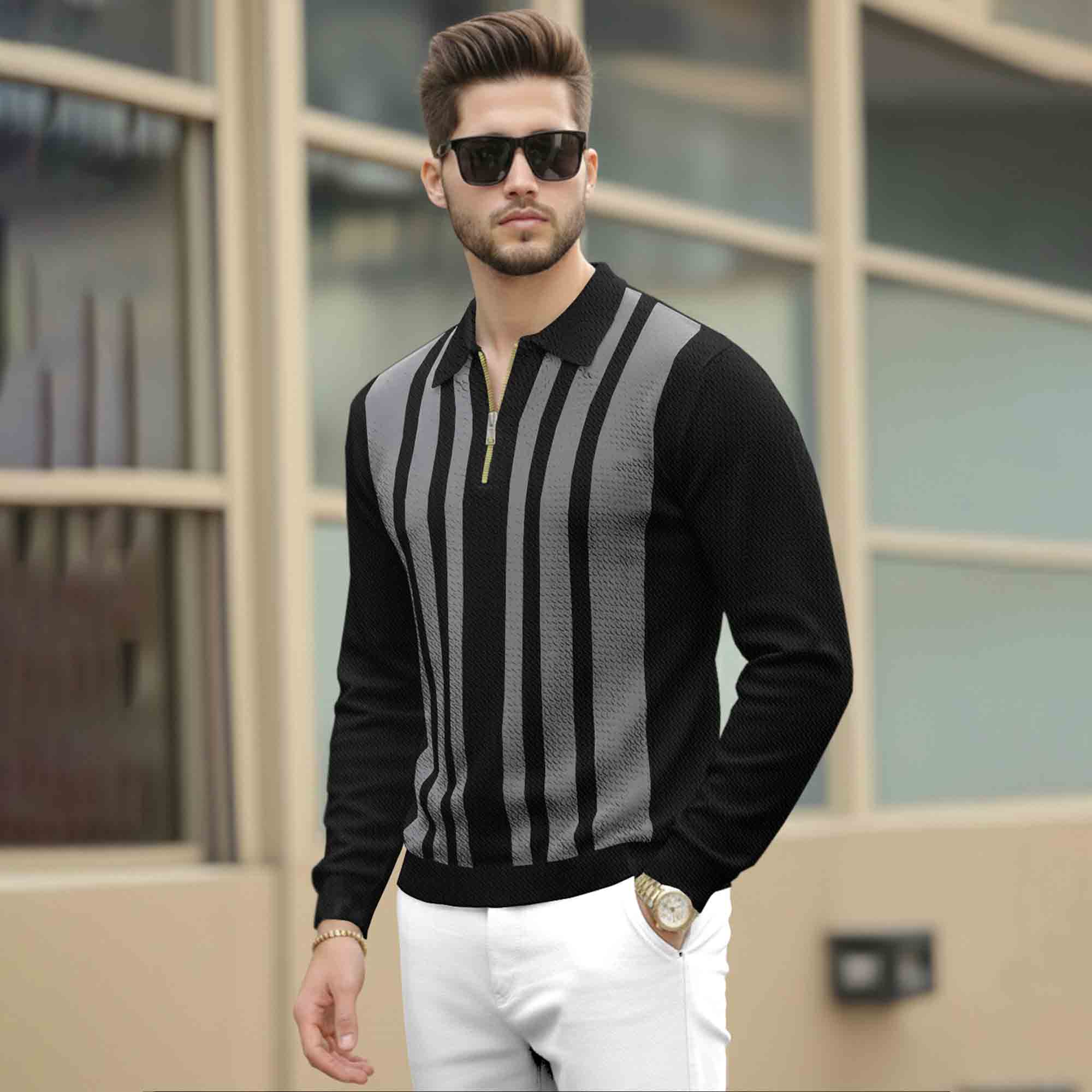 Men Quarter Zip Polo Neck Vertical Striped Full Sleeve T-shirt Black