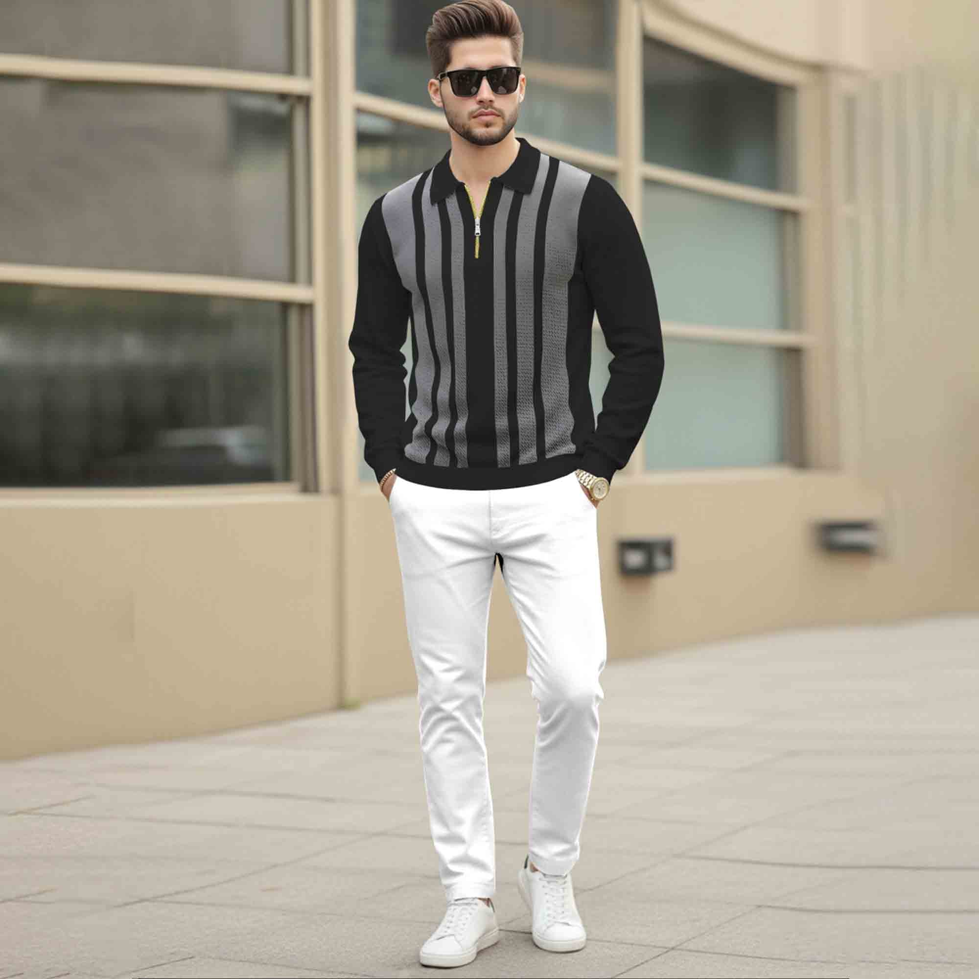 Men Quarter Zip Polo Neck Vertical Striped Full Sleeve T-shirt Black