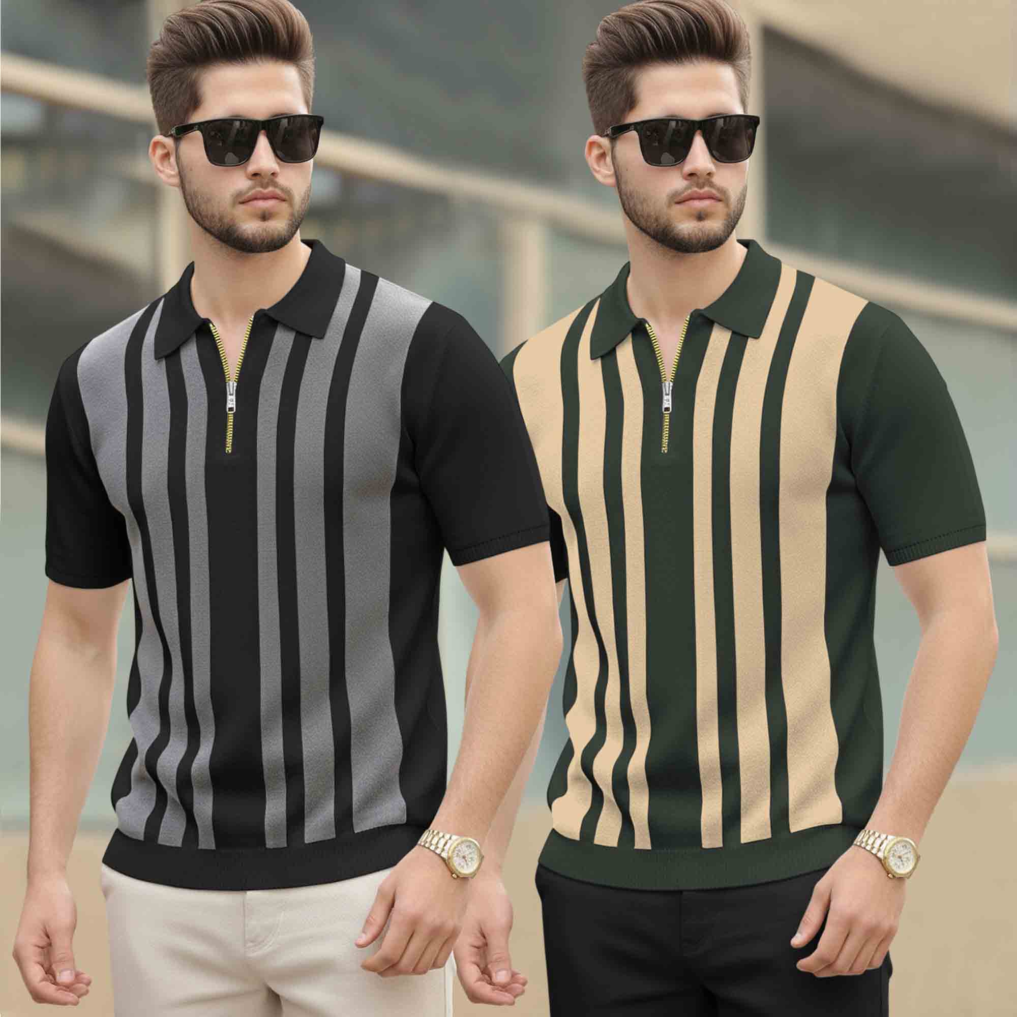 (Pack Of 2) Quarter Zip Polo Neck Printed Tshirts - 12 Variants