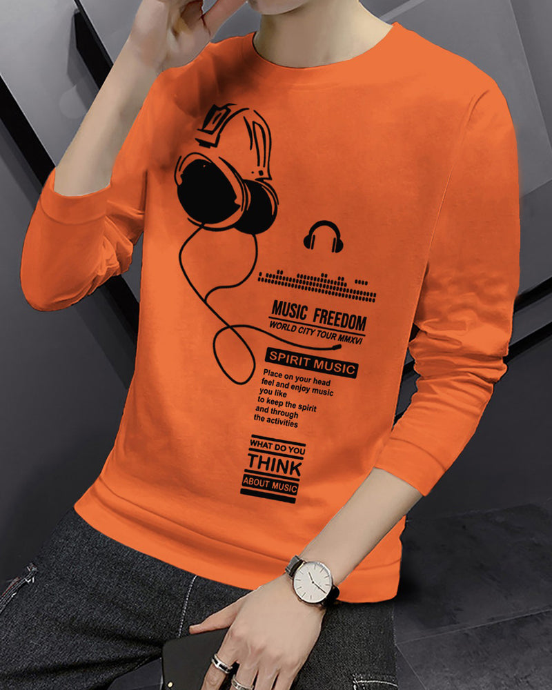 Kids Full Sleeve Orange Music Printed T-shirt