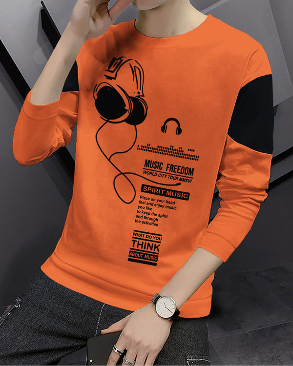 Boys Full Sleeve Orange-Black Music Printed T-shirt