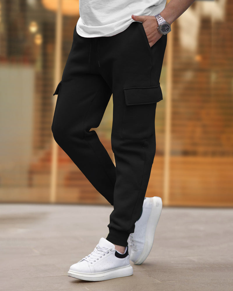 Mens Multi Pockets Plain Cargo Jogger / Black