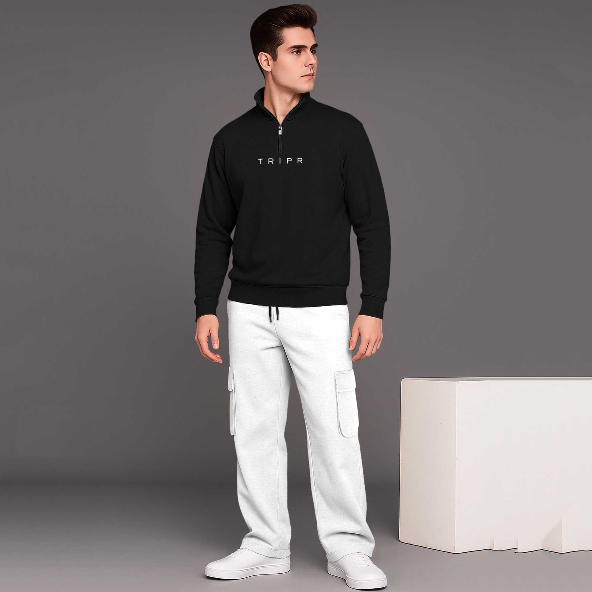 Men High Neck Black Plain Sweatshirt With white baggy Cargo