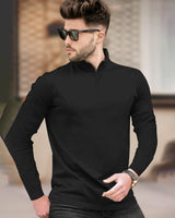 Men High Neck Zipper Full Sleeve T-Shirt / Black