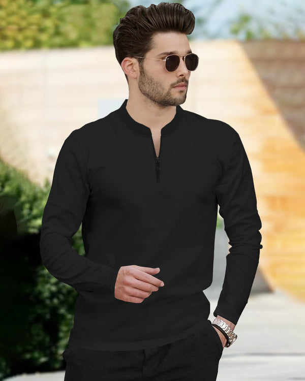 Men Full Sleeve Solid Zip Neck T-Shirt | Black