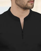 Men Full Sleeve Solid Zip Neck T-Shirt | Black