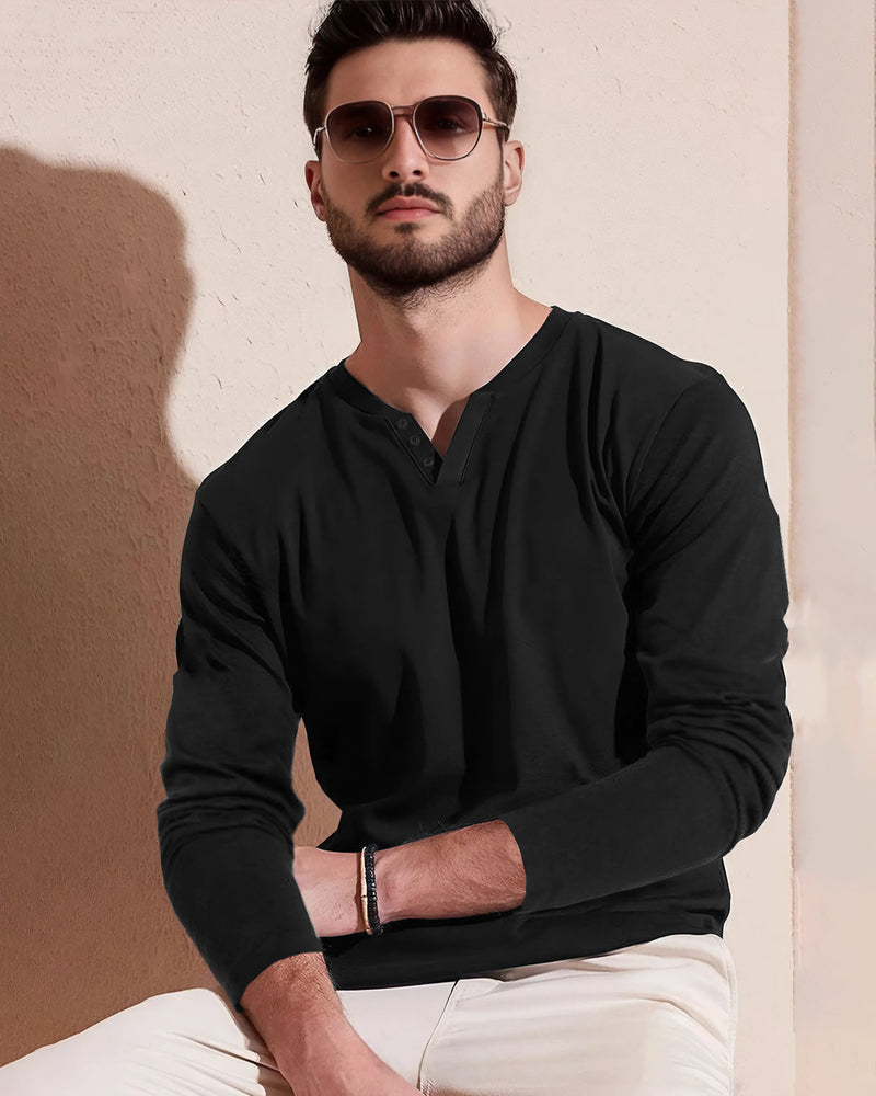 Men Solid V Neck Cotton Blend T-Shirt / Black