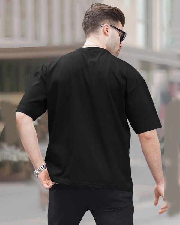 Men Typography V Neck Black Oversized T-Shirt