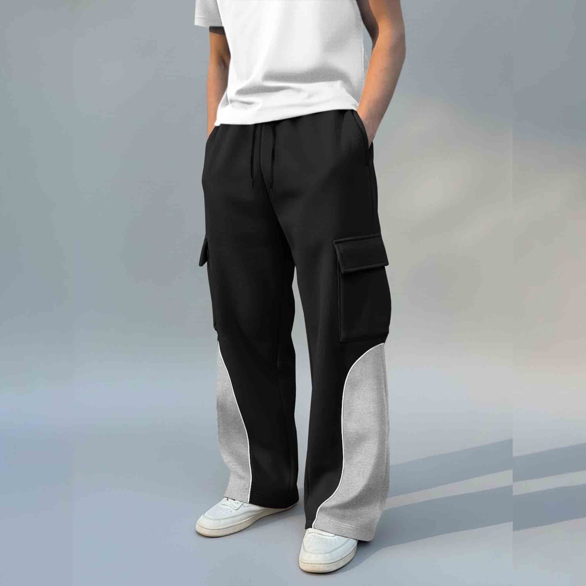 Men Pockets Dual Color Baggy Cargo Pant Black & Grey