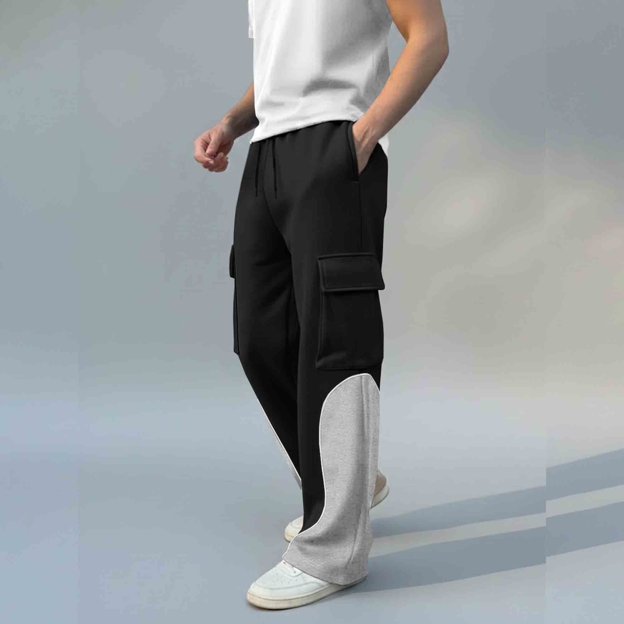 Men Pockets Dual Color Baggy Cargo Pant Black & Grey