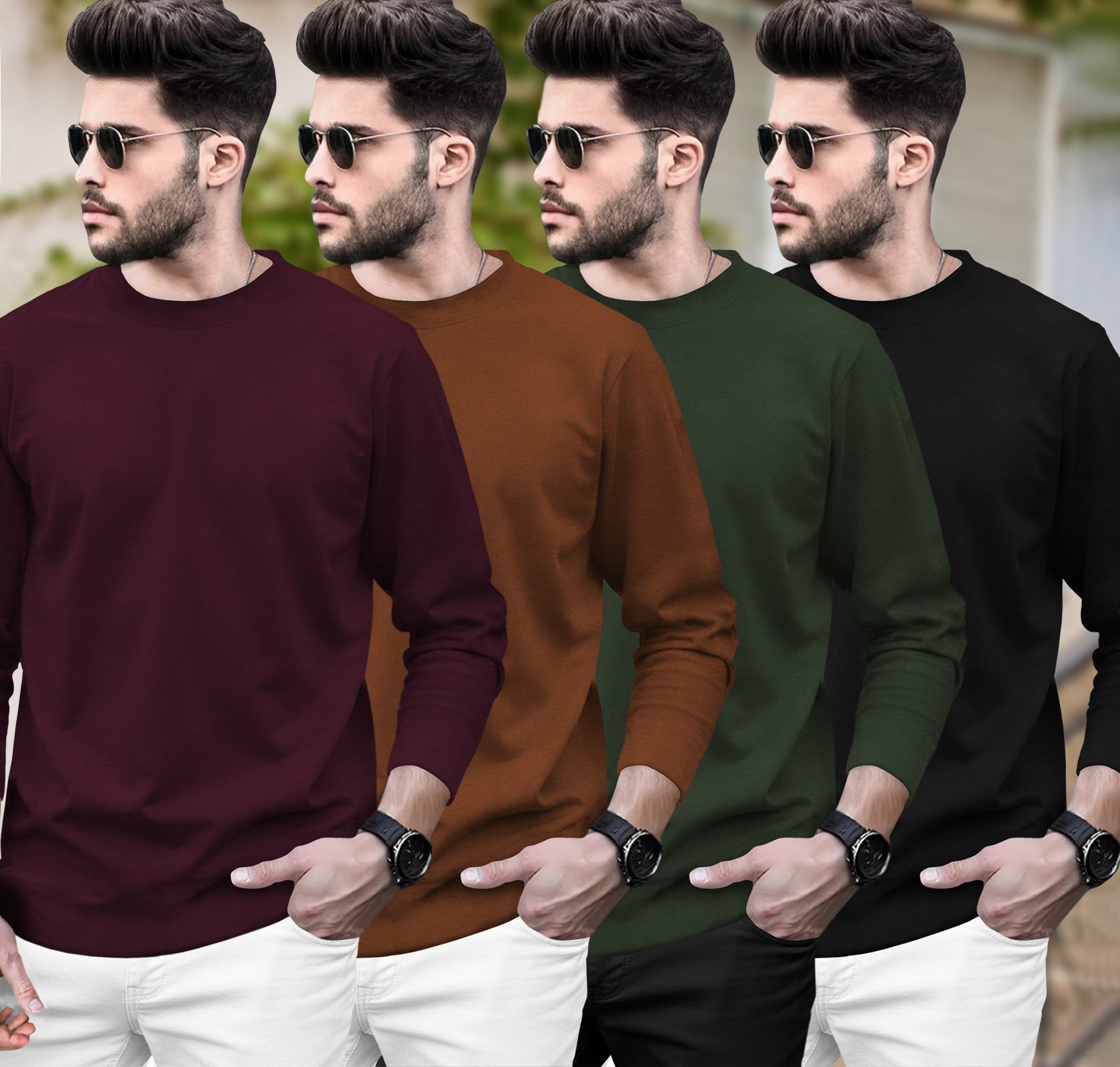 (Pack Of 4) Round Neck Full Sleeve Plain T-shirts