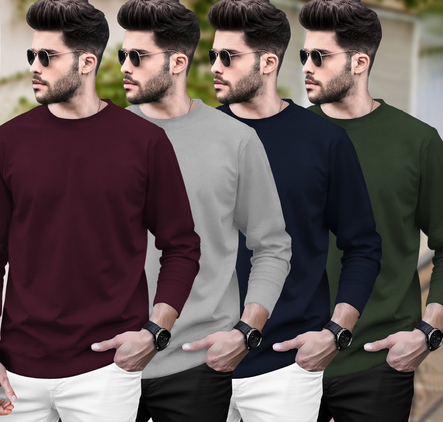 (Pack Of 4) Round Neck Full Sleeve Plain T-shirts