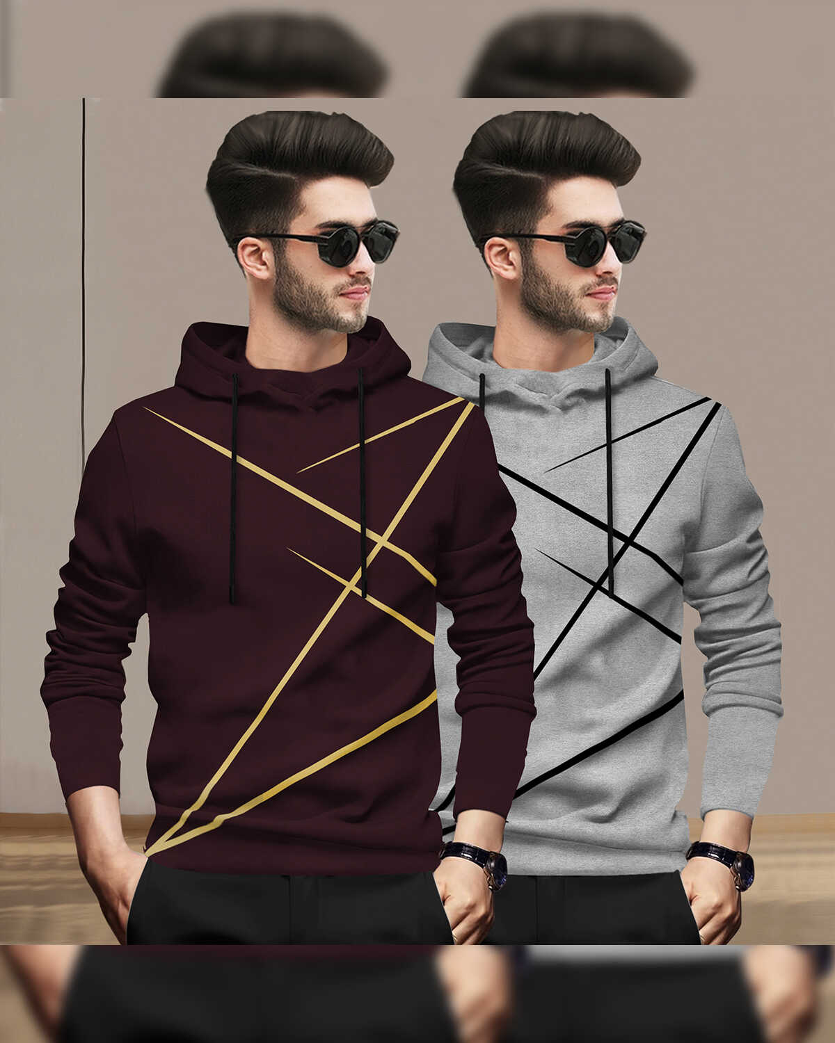 (Pack Of 2) Mens Full Sleeve Hooded Neck Printed T-shirt Maroon & Grey