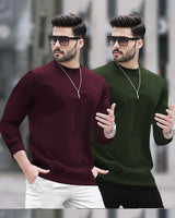 Mens Round Neck Full Sleeve Plain T-shirts (Pack Of 2) / Maroon &Olive