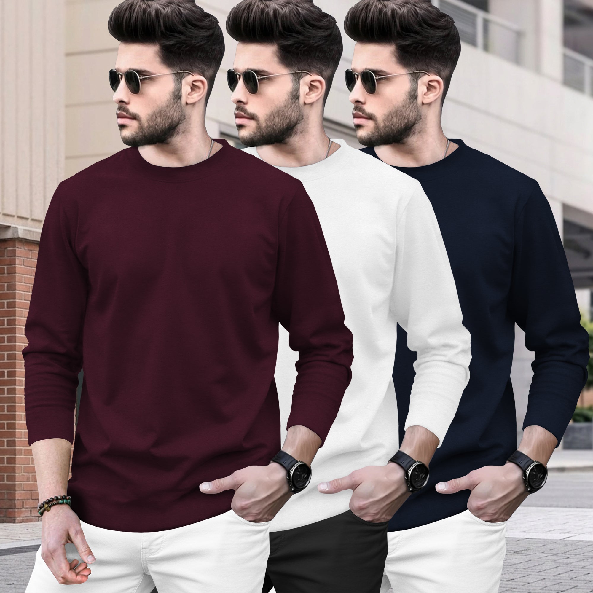 Mens Round Neck Full Sleeve Plain T-shirts (Pack Of 3)