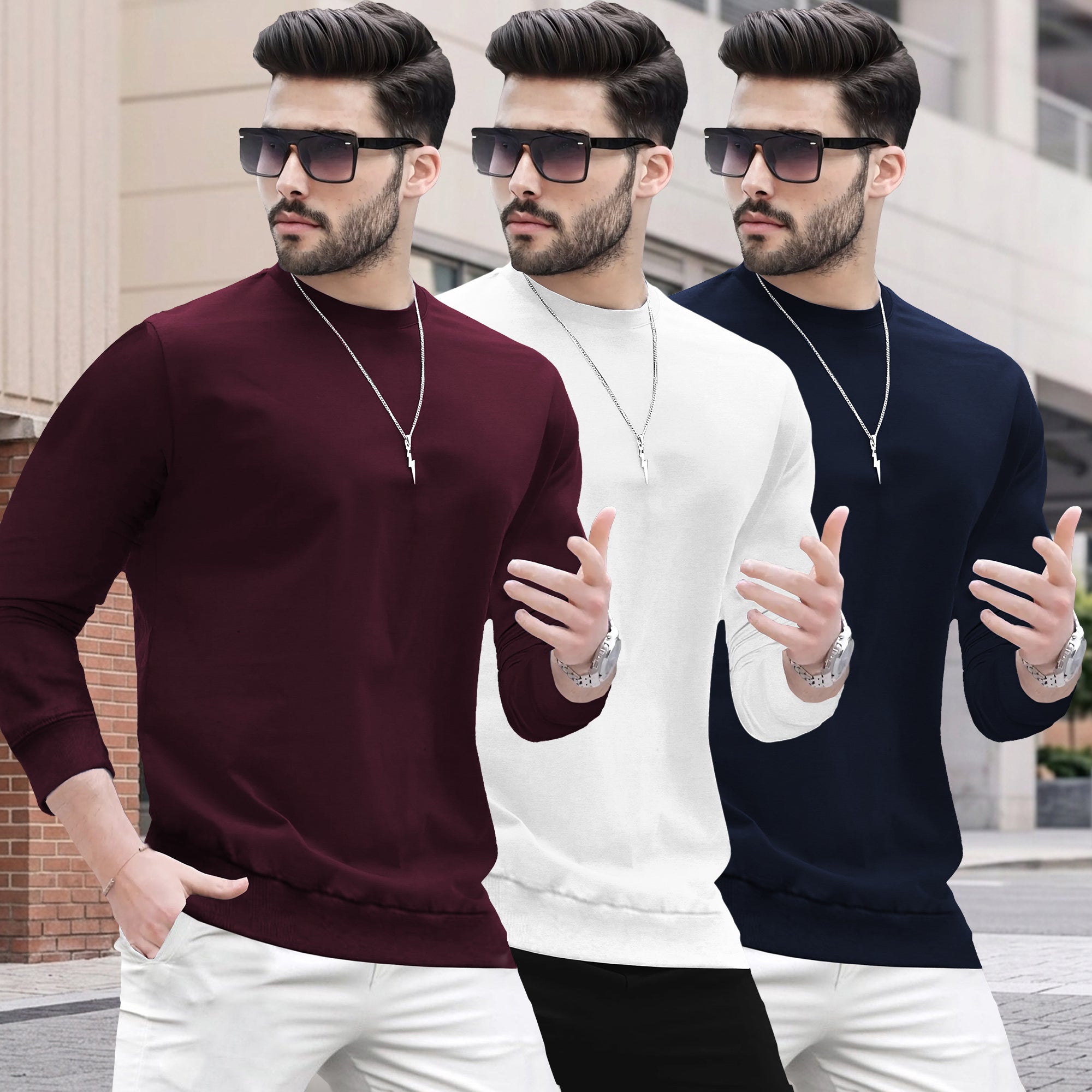 Mens Round Neck Full Sleeve Plain T-shirts (Pack Of 3)