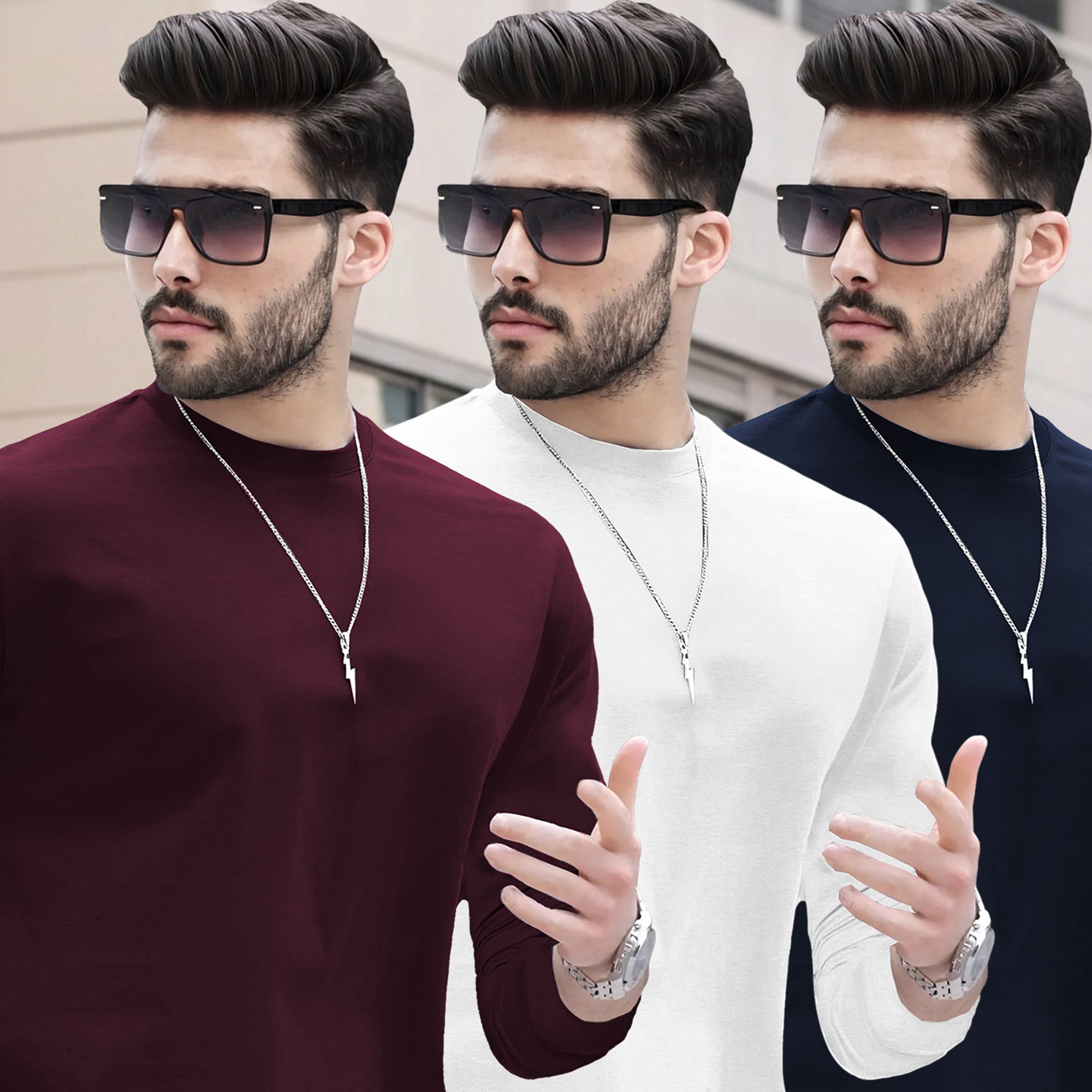 Mens Round Neck Full Sleeve Plain T-shirts (Pack Of 3)
