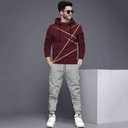 Full Sleeve ZigZag Parttern Maroon T-shirt With Matching Trackpant