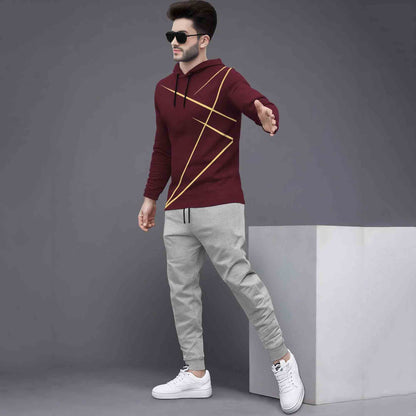 Full Sleeve ZigZag Parttern Maroon T-shirt With Matching Trackpant