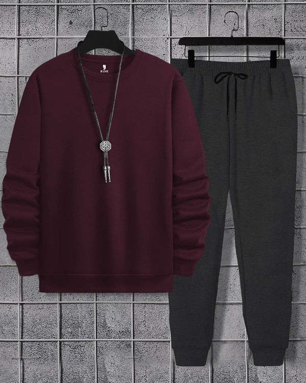 Mens Tracksuit - Full Sleeve Maroon t-shirt / Charcoal Black Trackpant