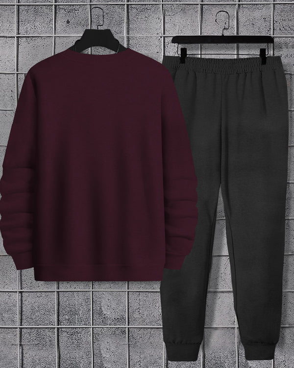 Mens Tracksuit - Full Sleeve Maroon t-shirt / Charcoal Black Trackpant