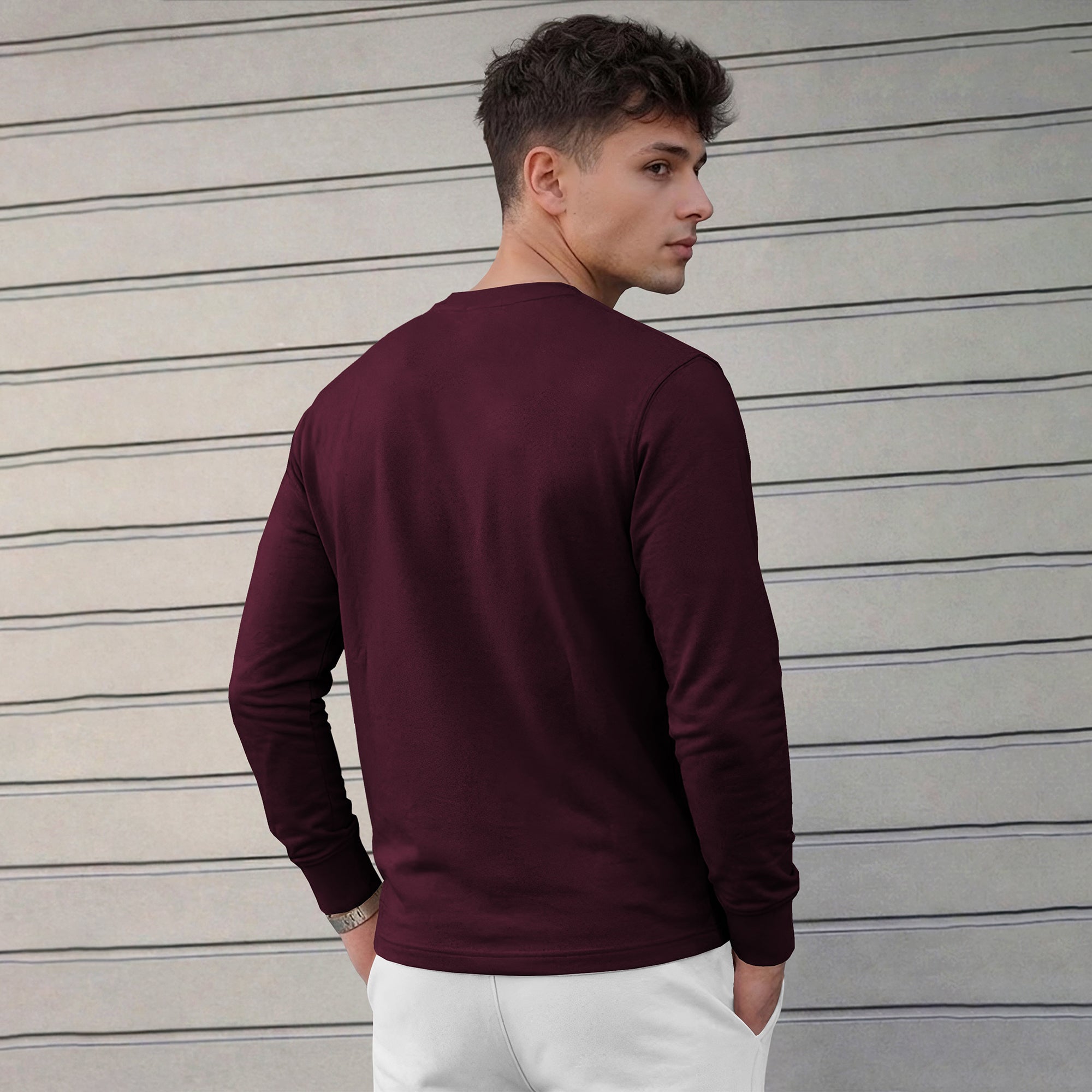 Mens Round Neck Full Sleeve Plain Maroon T-shirt