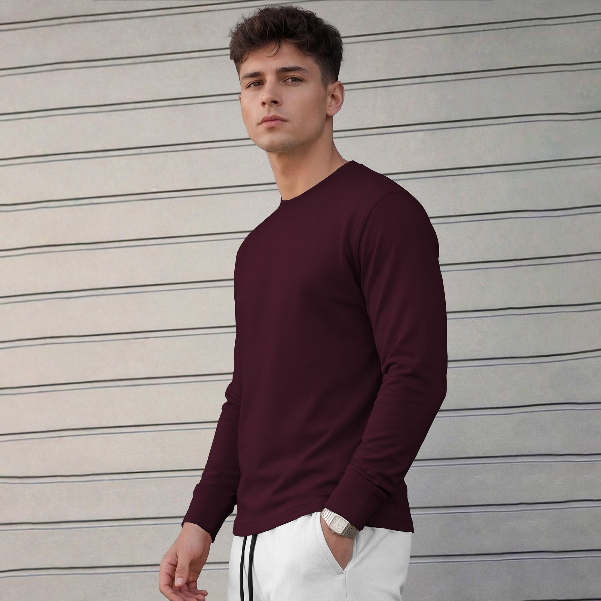 Mens Round Neck Full Sleeve Plain Maroon T-shirt