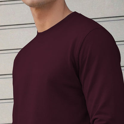 Mens Round Neck Full Sleeve Plain Maroon T-shirt