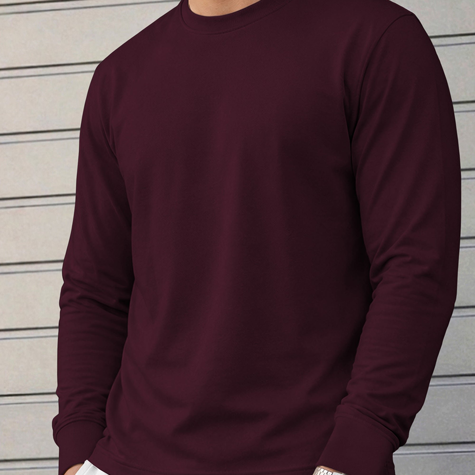Mens Round Neck Full Sleeve Plain Maroon T-shirt