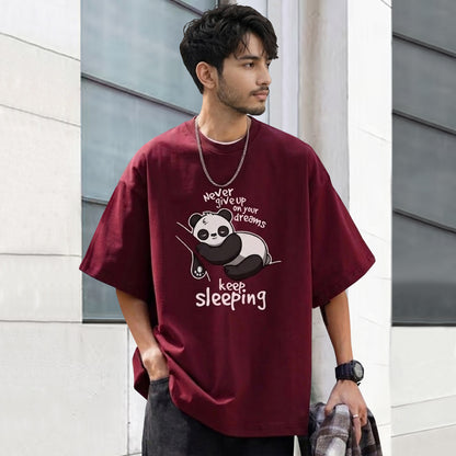 Mens Loose Fit Graphic T-Shirt with Cute Panda Print Brown