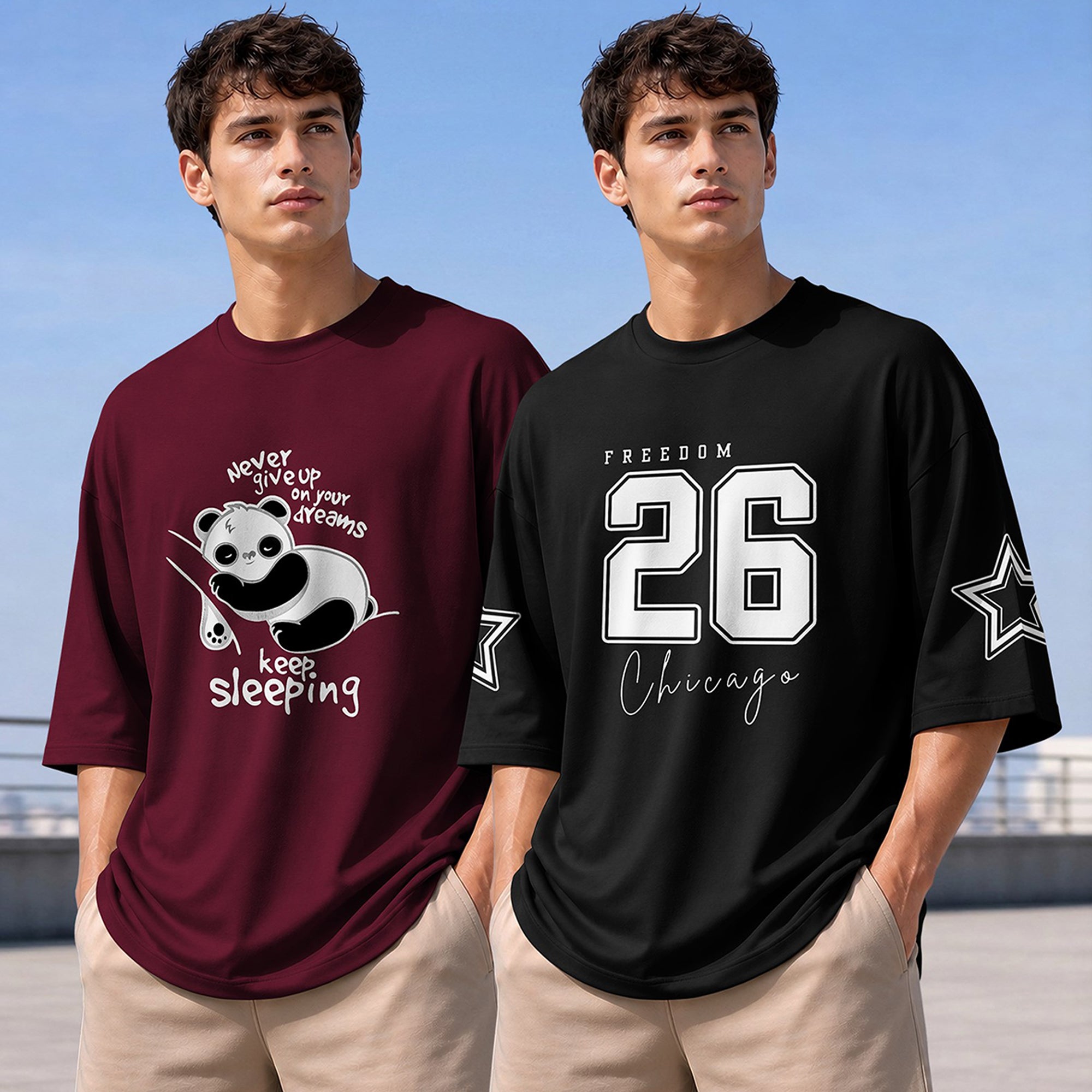 (Pack Of 2) Men Designing Back Printed Oversized T-shirts