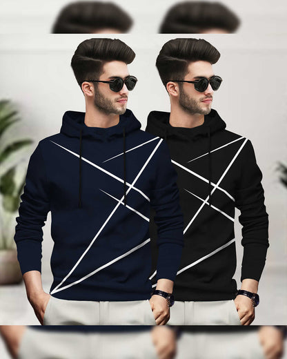 (Pack Of 2) Mens Full Sleeve Hooded Neck Printed T-shirt / Navy & Black