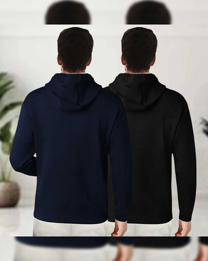 (Pack Of 2) Mens Full Sleeve Hooded Neck Printed T-shirt / Navy & Black