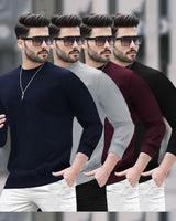 Mens Round Neck Full Sleeve Plain T-shirts (Pack Of 4)