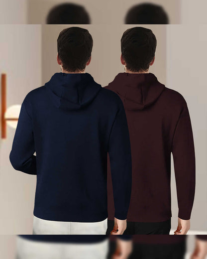 (Pack Of 2) Mens Full Sleeve Hooded Neck Printed T-shirt Navy & Maroon