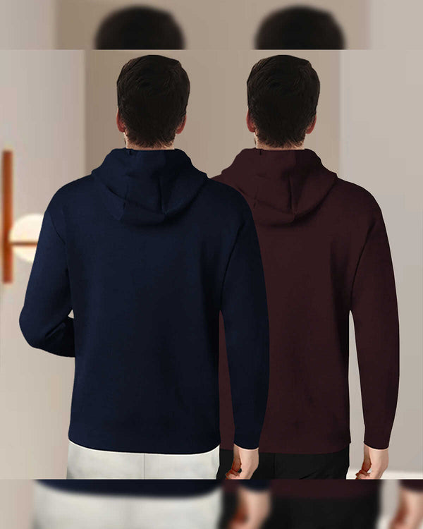 (Pack Of 2) Mens Full Sleeve Hooded Neck Printed T-shirt / Navy & Maroon