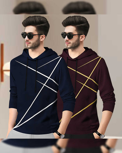 (Pack Of 2) Mens Full Sleeve Hooded Neck Printed T-shirt Navy & Maroon