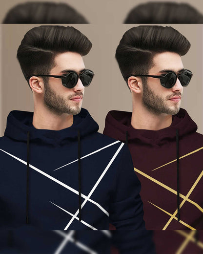 (Pack Of 2) Mens Full Sleeve Hooded Neck Printed T-shirt Navy & Maroon