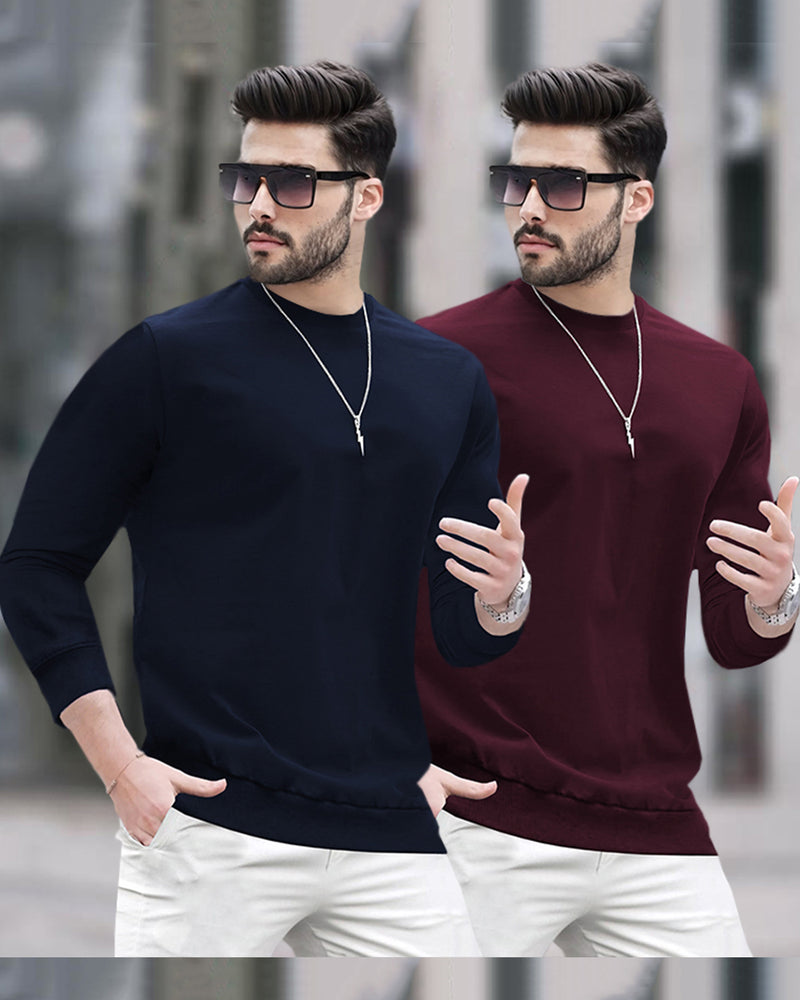 Mens Round Neck Full Sleeve Plain T-shirts (Pack Of 2) / Navy & Maroon