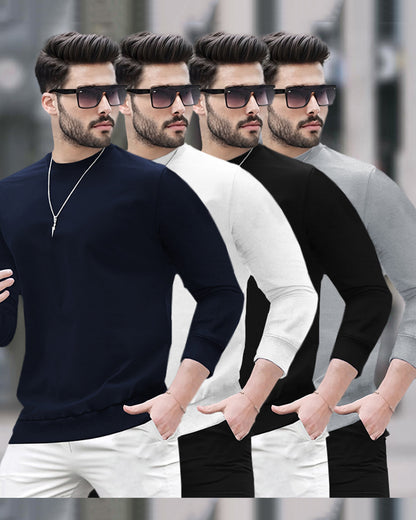 Mens Round Neck Full Sleeve Plain T-shirts (Pack Of 4)